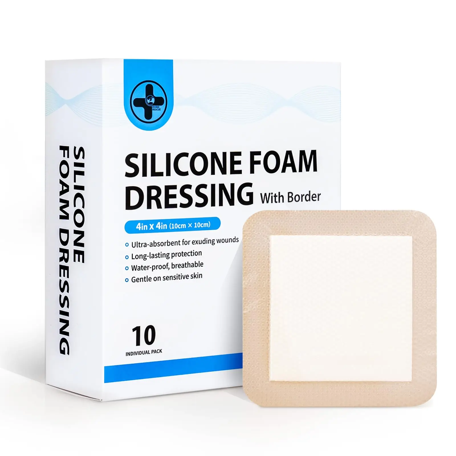 RHINO RESCUE Silicone Foam Dressing with Border, 4\'\'x4\'\' 10 Pack Waterproof Wound Care Bandage, High Absorbent Pad for Bed Sores