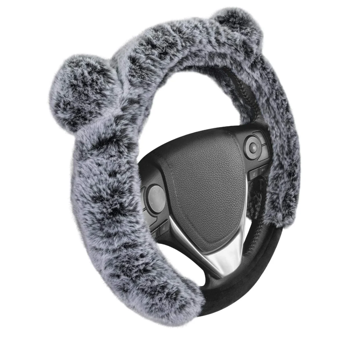 

Bear Fur Plush Steering Wheel Cover - Cute Faux Wool Protector for Women Girls Fits Wheels 14.5-15 inch Gray - with Ears