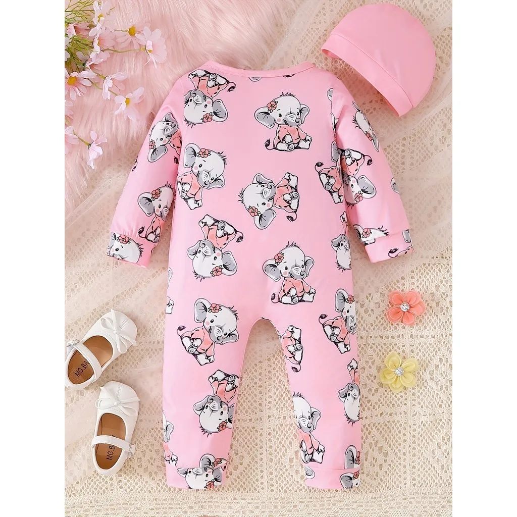 0-24 Months Newborn Baby Girl 2PCS Clothes Set Long Sleeve Elephant Romper+Hat Autumn Fashion Cute Toddler Girl Photograp Outfit