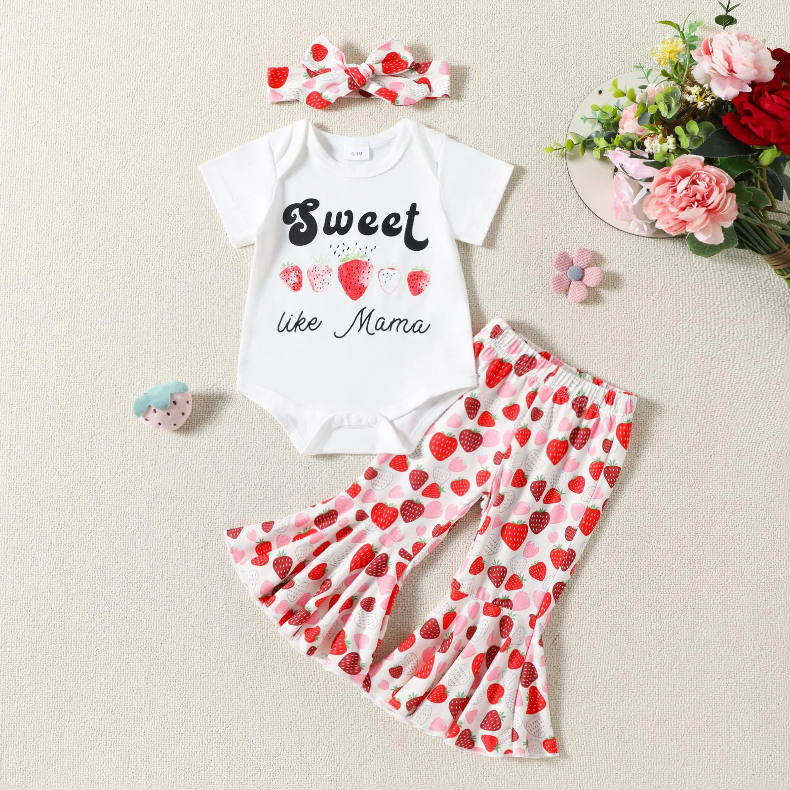 

Baby Gift Set Girl Infant Girls Short Sleeve Letter Romper Bodysuit Strawberry Prints Bell Bottoms Girls Clothes 8 10 Winter