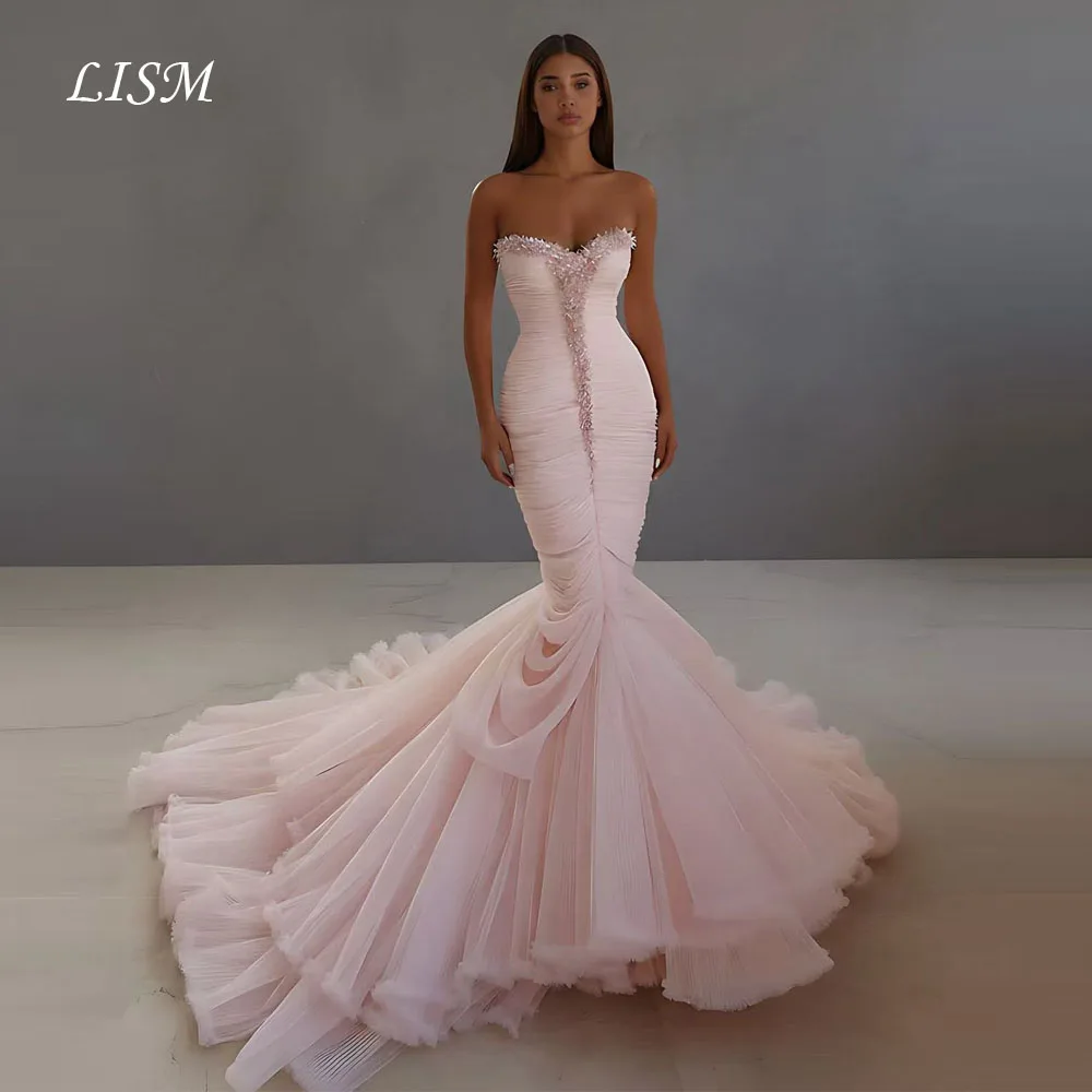 LISM 핑크 스윗하트 머메이드 이브닝 드레스 실크 튤 비즈 장식 맞춤형 스윗 롱 엘레강트 프롬 가운 웨딩드레스