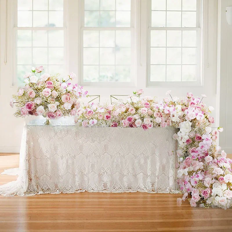 Artificial Flower Runner Wedding Background Sofa Flower Row Table Centerpiece Babysbreath Wreath Flower Arrangement Banquet Prop