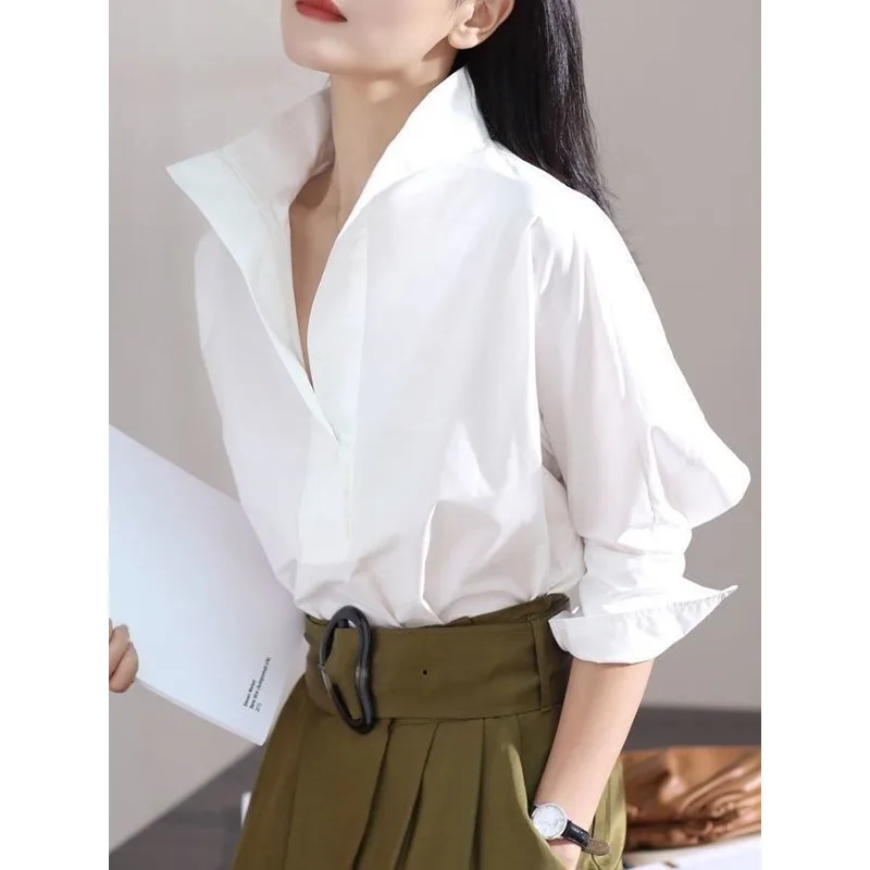 

Белая женская блузка из 100% хлопка, весна-осень 2023, свободный крой, простые базовые рубашки с лацканами и длинными рукавами, женские топы 121839