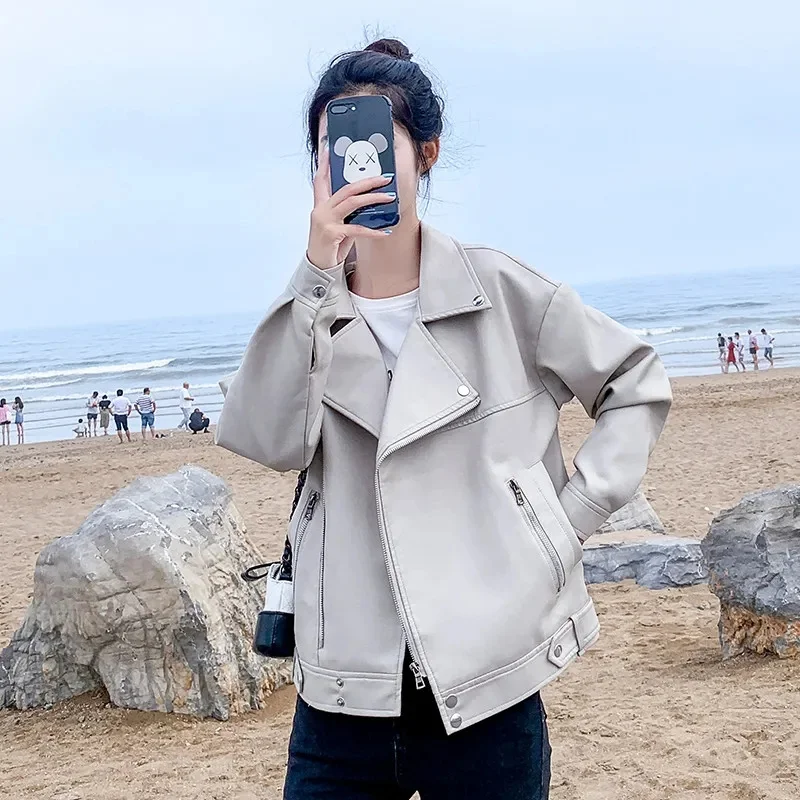 2025 feminino plutônio locomotiva casaco outono senhoras lazer cor sólida jaqueta de couro coreano mangas compridas outwear de couro falso