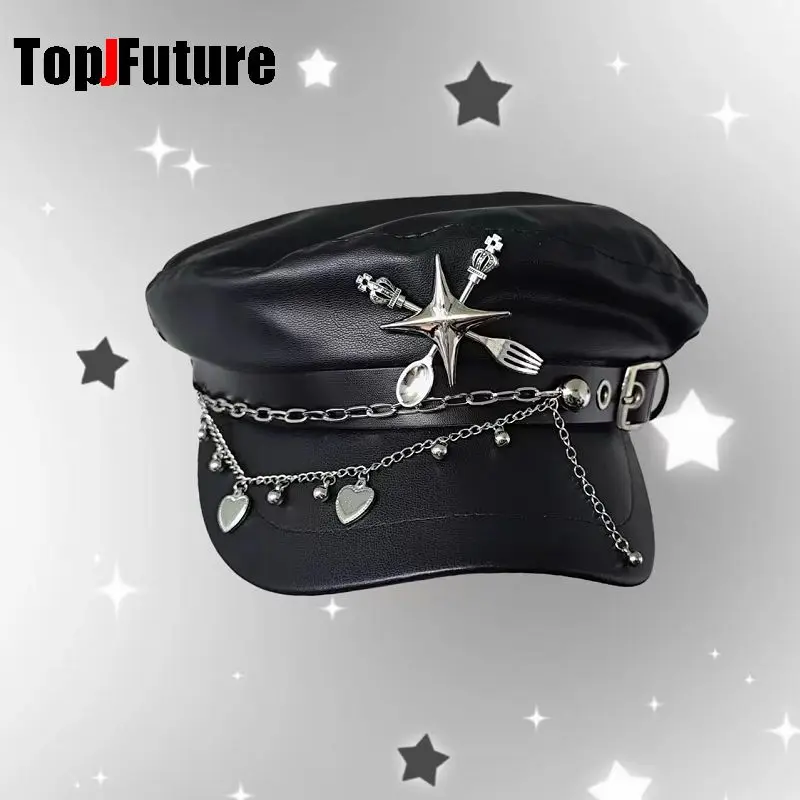 

Women Men Punk Streetwear Unisex style Harajuku Gothic Lolita Hat spoon tableware Biker beret subculture metal Cap chain Cap