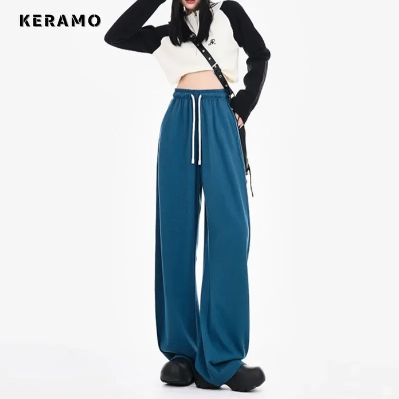 

2025 Winter Women's Casual Solid Color High Waist Wide Leg Pants American Retro Loose Fit Drawstring Full Length Trousers