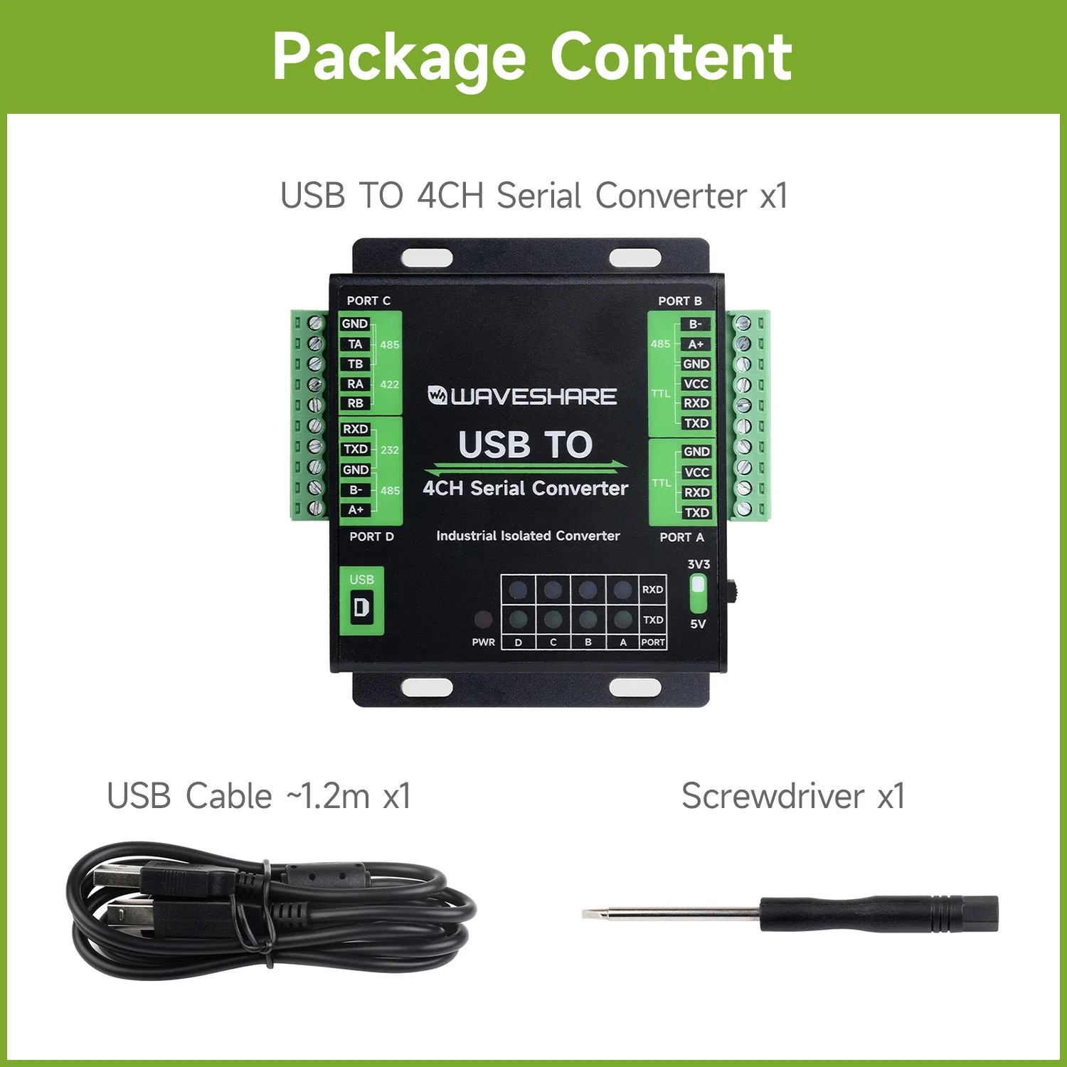 Waveshare Industrial USB To 4-Ch Serial Converter, Original FT4232HL Chip, Supports USB To RS232/485/422/TTL