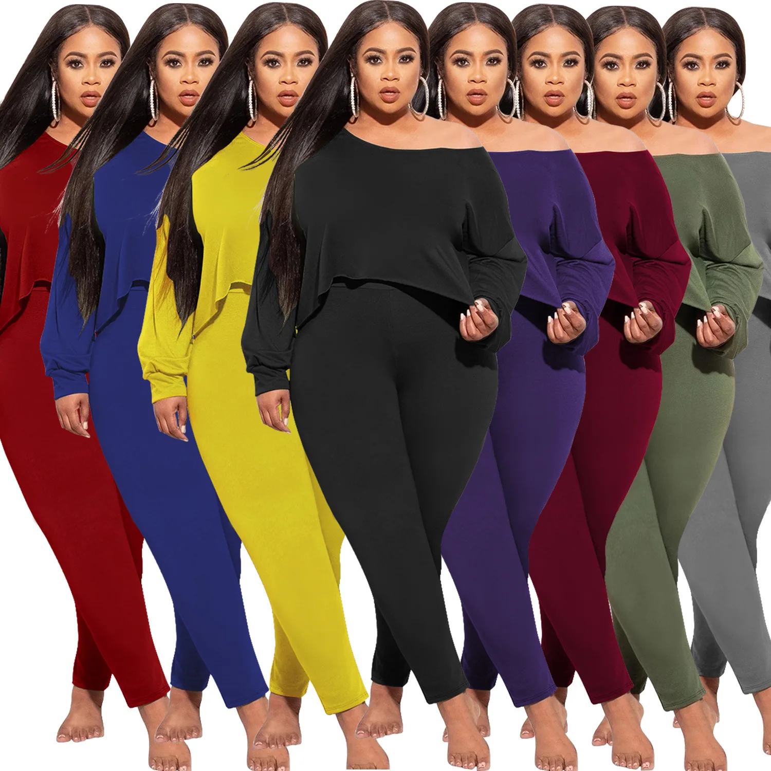 HAOOHU 2023 Plus Size Soild 2 Piece Sets Tops Leggings Diagonal Collar Long Sleeve Suit Casual Urban Fall Women Clothing 3XL 5XL