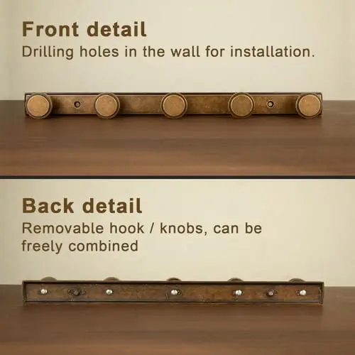 

Five Removable Knob Hook Wall Rack In Antique Brass Finish, Zinc Alloy, Heavy Duty For Coats Hats Bags And Scarves