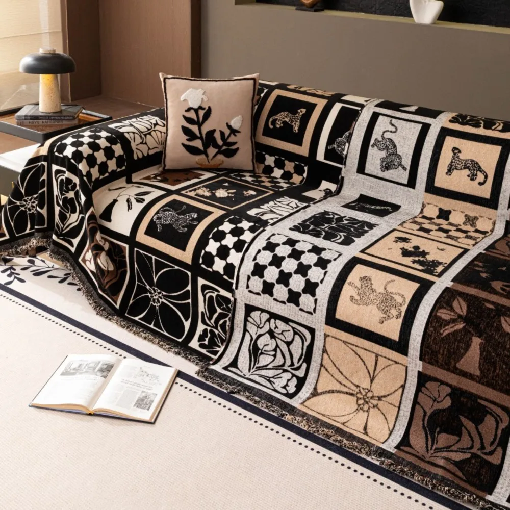 

Retro Chenier Plaid Sofa Throw Blanket Full Coverage Anti-Cat Scratch Pet-Proof Non-Slip Fluffy Sofa Blanket Living Room Mats