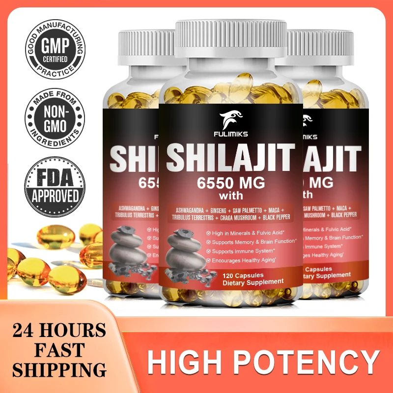 Shilajit Resin Himalayan Capsules - 6550mg - Combined Ashwagandha, Ginseng, Saw Palmetto, Maca, Tribulus, Chaga, Black Pepper