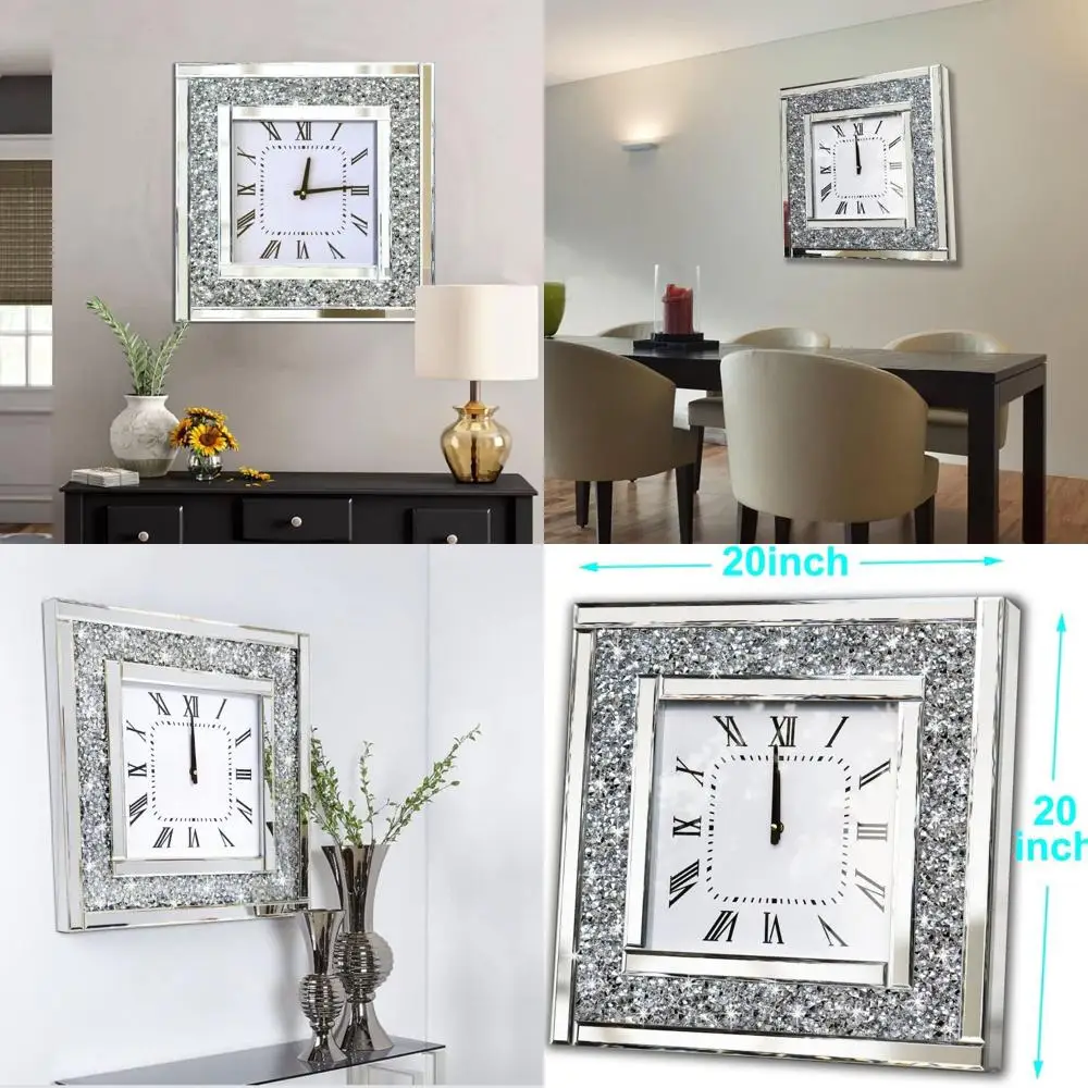 

20x20 дюймов серебряные квадратные зеркальные настенные часы с хрустальным блеском, большие домашние декоративные стеклянные часы, батарея в комплект не входит