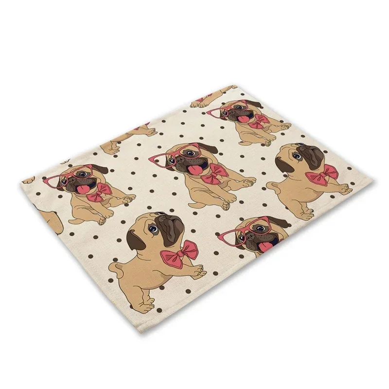 Pug Dog Pattern Cotton Linen Pad Dining Table Mats Coaster Bowl Cup Mat Pattern Kitchen Placemat 40*30cm  Decor Tea mats Trivet