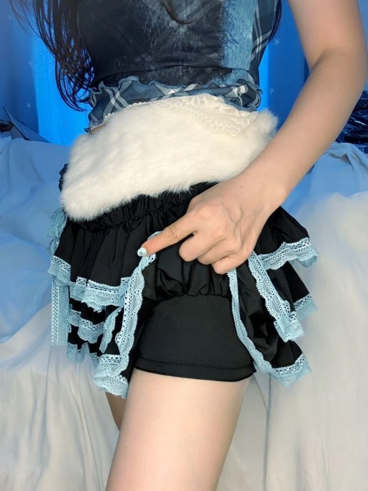 กระโปรงมินิสเกิร์ตสไตล์พังก์ ซับคัลเจอร์ หวานซึ้งแบบ Y2K สไตล์ญี่ปุ่น คาวาอี้ แต่งลูกไม้ระบายแบบเค้ก เอวสูง ตัดต่อผ้าสไตล์วินเทจ สำหรับผู้หญิง