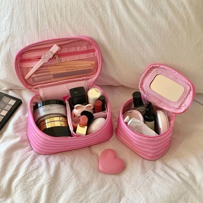 Pink Striped Large Capacity Portable Travel Makeup Bag with Mirror Hand Held Toiletry Organizer Pouch for Women Female Gift