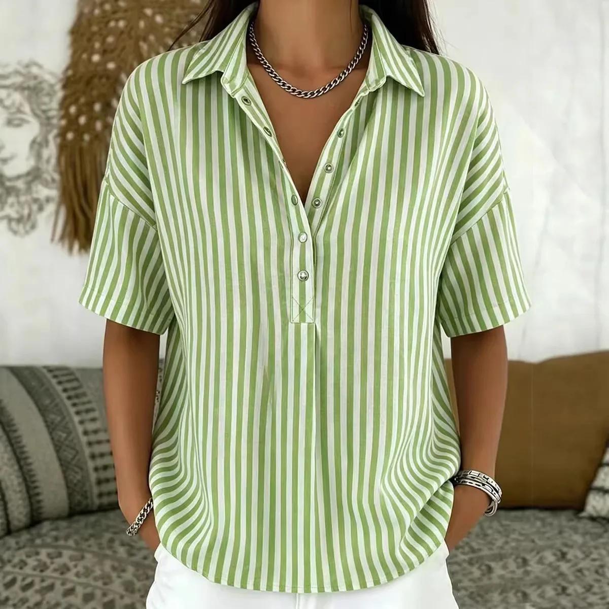 

2026 European And American Cross-Border Amazon Independent Site Summer New Women's Fashion Casual Striped Short-Sleeve Shirt