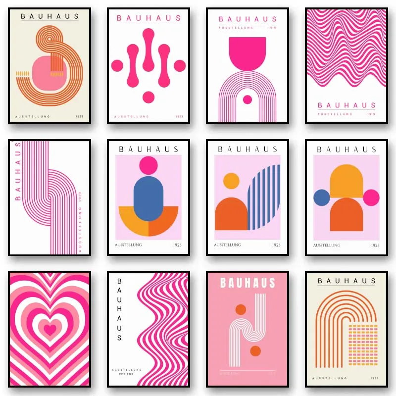 Pink Bauhaus Geometric Canvas Paintings Poster Bauhaus Wall Art Mid Century Modern Art for Living Room Home Office Decor