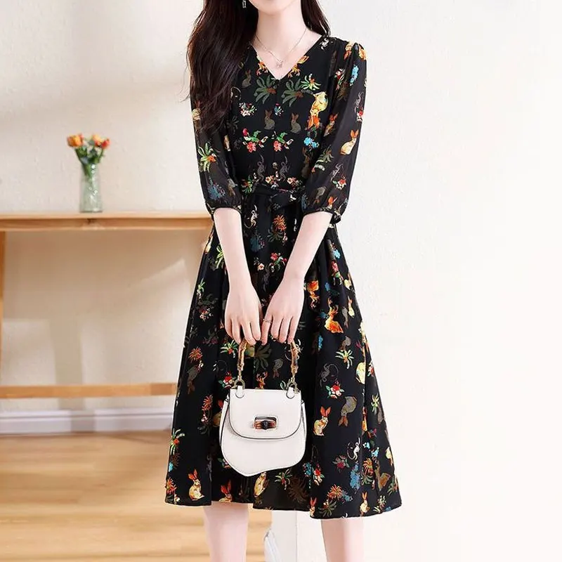 Women's Clothing Casual Printed Midi Dress Vintage A-Line Spring Summer New 3/4 Sleeve Fashion V-Neck Elegant Drawstring Dresses