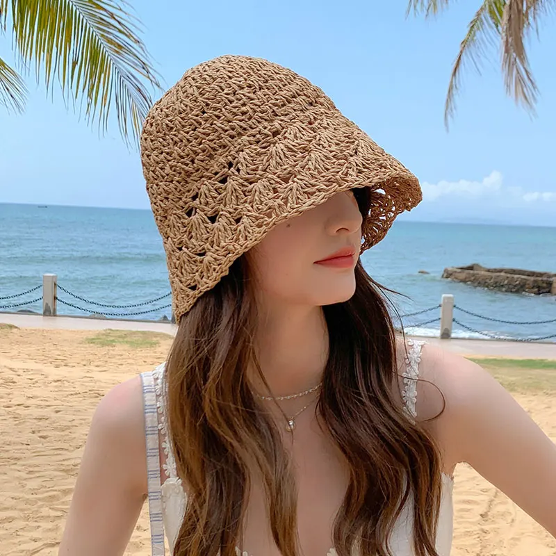 2022 NEW Women's Summer Bucket Folding with flower Straw Hat Panamas UV Protection Sun Visor Seaside Beach Hat Tide Summer Hats