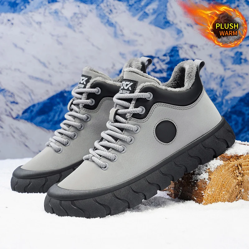Men Winter Plush Lined High‑Top Shoes Two‑Tone PU Leather Lace‑Up Anti‑Slip Thick Rugged Sole Cold‑Resistant Outdoor Casual