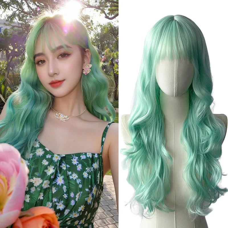 

Women's Synthetic Mint Green Long Curly Hair with Air Bangs Lolita Big Wave Full Head Wig