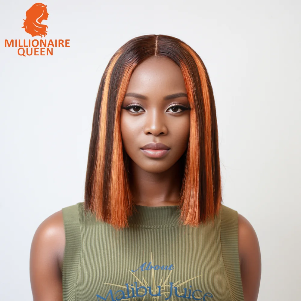 Vietname Super Double Drawn Bone Straight 2x6 Bob Wig with 100% Human Hair Orange Highlight 250% Density For Black Women