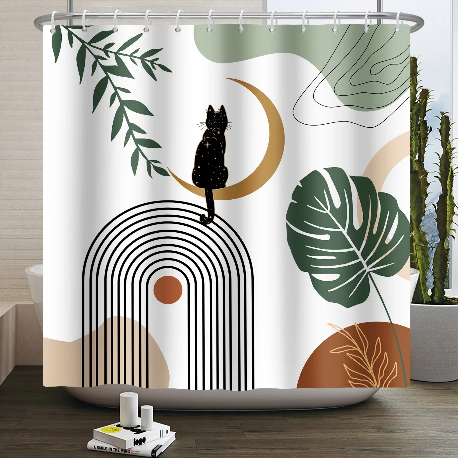 Mid Century Boho Shower Curtain for Bathroom Cat Modern Abstract Geometry Arch Sun Aesthetics Bohemian Shower Curtain Waterproof