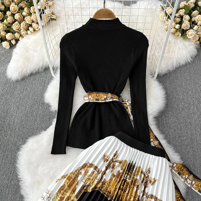 Women Casual Elegant Street Party Two-piece Set Autumn Slim Knit Top High Waist Printed Pleated Skirt Two-piece Set for Women