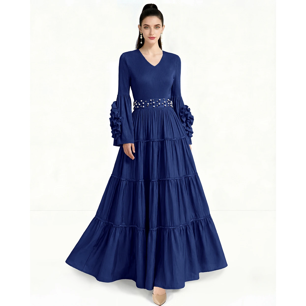 

Элегантное женское платье с эффектом похудения, высокоэластичное, плиссированное, модное, с длинным рукавом, V-образным вырезом, А-силуэта, для повседневной носки