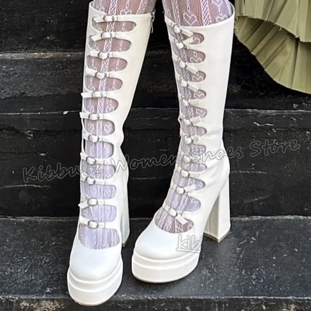 حزام مشبك صندل أحذية الركبة عالية منصة جلدية بلون الجانب جولة تو حذاء بكعب سميك موضة مثير حار الفتيات أحذية جديد