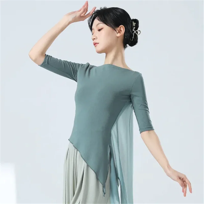 Classical Dance Practice Clothes Finger Sleeve Side Split Tulle Design Chinese Style Casual Wear Chic Stage Performance Costume