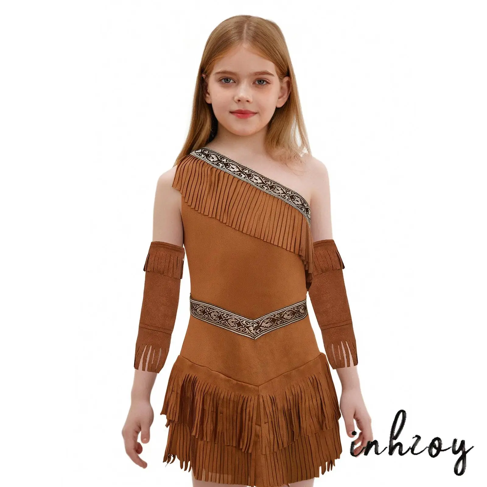 

Girls Native American Princess Cosplay Outfit Halloween Fancy Dress Costume Sleeveless Fringe Suede Dress with Tassel Sleeves