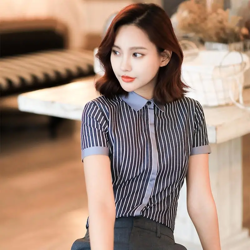 Women Summer Simplicity Slim Striped Square Collar Short Sleeve Shirts Women Clothes Casual Office Lady All-match Cotton Tops