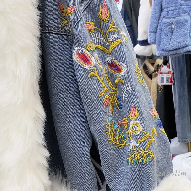 2023 Winter Imitation Rabbit Fur Denim Parka Women\'s Long Vintage Embroidery Warm Hooded Overcoat Plus Thick Fur Coats Outwear