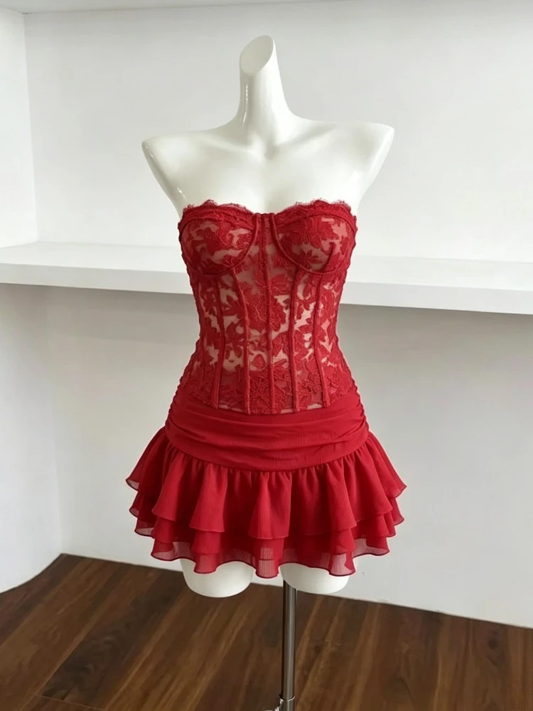 

Summer Y2k Red Women 2 Piece Set Lace Built-In Bra Corset + High Waist A Line Tiered Ruffle Skirt Party Birthday Seaside Outfits