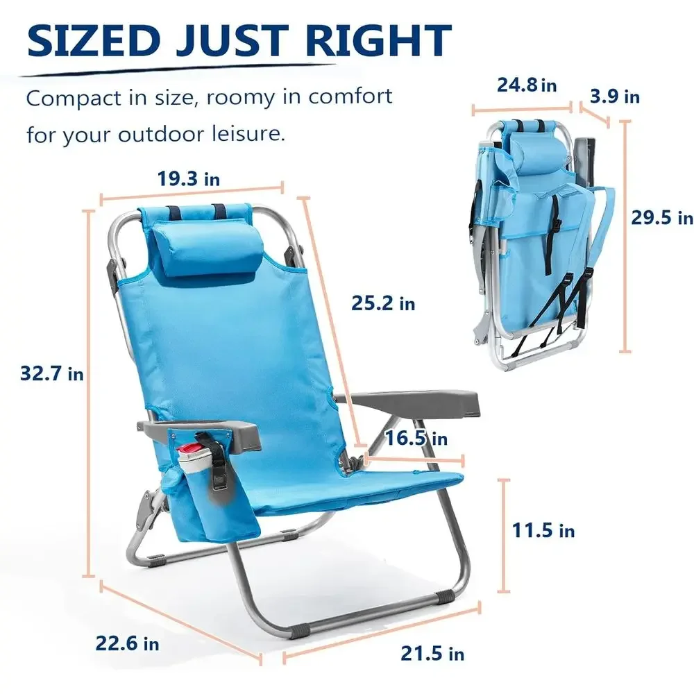 Portable 2-Person Beach Chairs with 5 Recline Positions, Cup Holder, Cooler Pouch, and Towel Bar, Blue