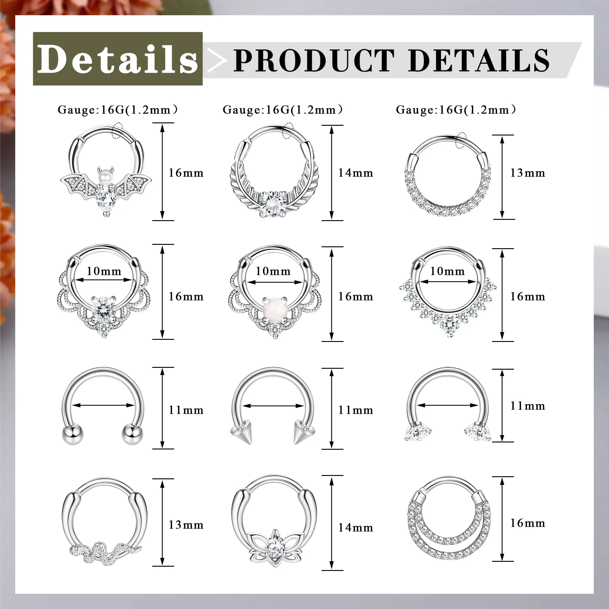 Anelli del setto Drperfect 16G Daith orecchini anello al naso cerchio in acciaio inossidabile CZ opale cartilagine Helix Tragus Clicker Piercing Jewelry