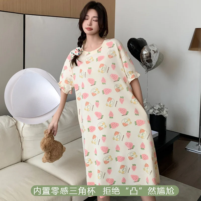

Sexy summer women 100% cotton nightgown with chest pad short sleeve nightshirt female cute nightdress