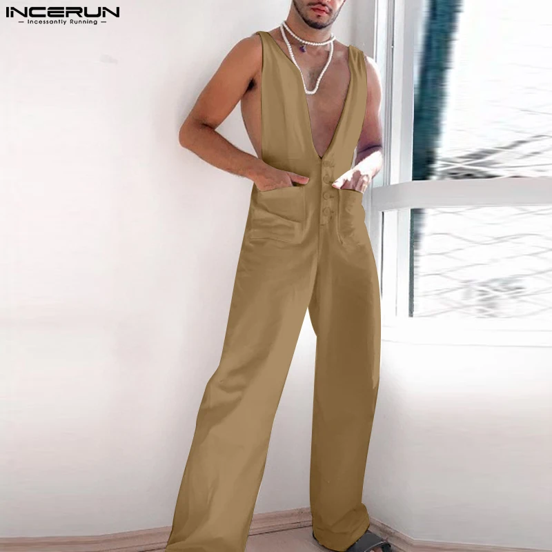 Homens Macacões Cor Sólida Pescoço V Profundo Sem Mangas Pocekts Macacão 2023 Streetwear Solto Moda Casual Homens Macacões S-5XL INCERUN