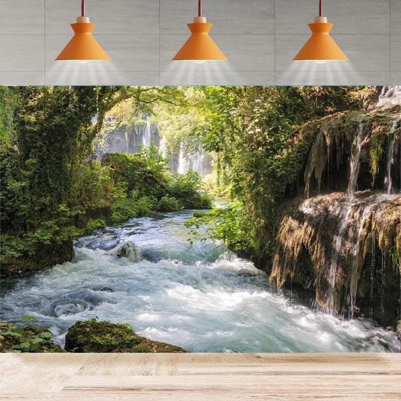 Green Forest Photography Backdrop Mountain Water Landscape Waterfall River Ancient Tree Background Party Backdrop Wall Banner