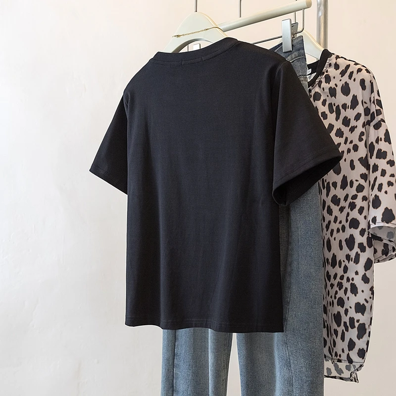 الصيف النساء كاذبة قطعتين تي شيرت 4XL الجولة الرقبة قصيرة الأكمام المرقعة الأعلى الفرنسية عارضة أزياء فضفاضة الإناث الأسود تيز