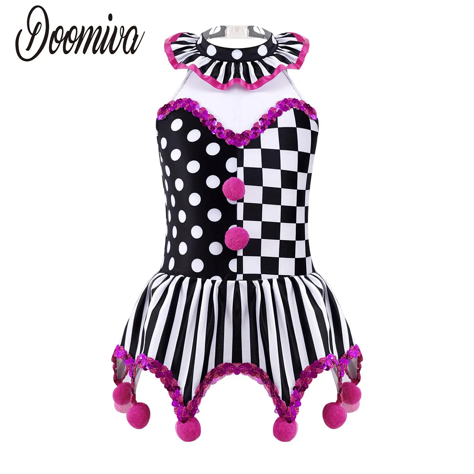 

Kids Girls Circus Clown Joker Costume Child Halloween Cosplay Role Play Gown Black And White Grid Pompoms Adorned Leotard Dress