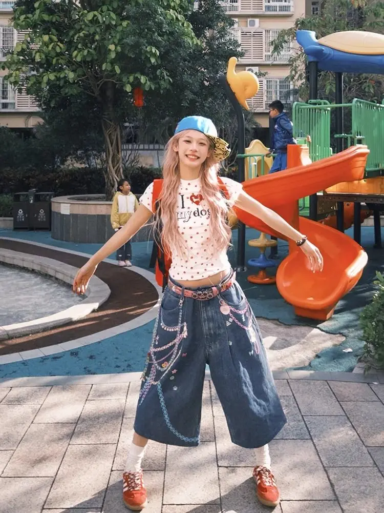 HOUZHOU Y2k Vintage Denim Shorts Women Blue Baggy American Retro Washed Jorts Streetwear High Waist Wide Leg Jeans Aesthetics