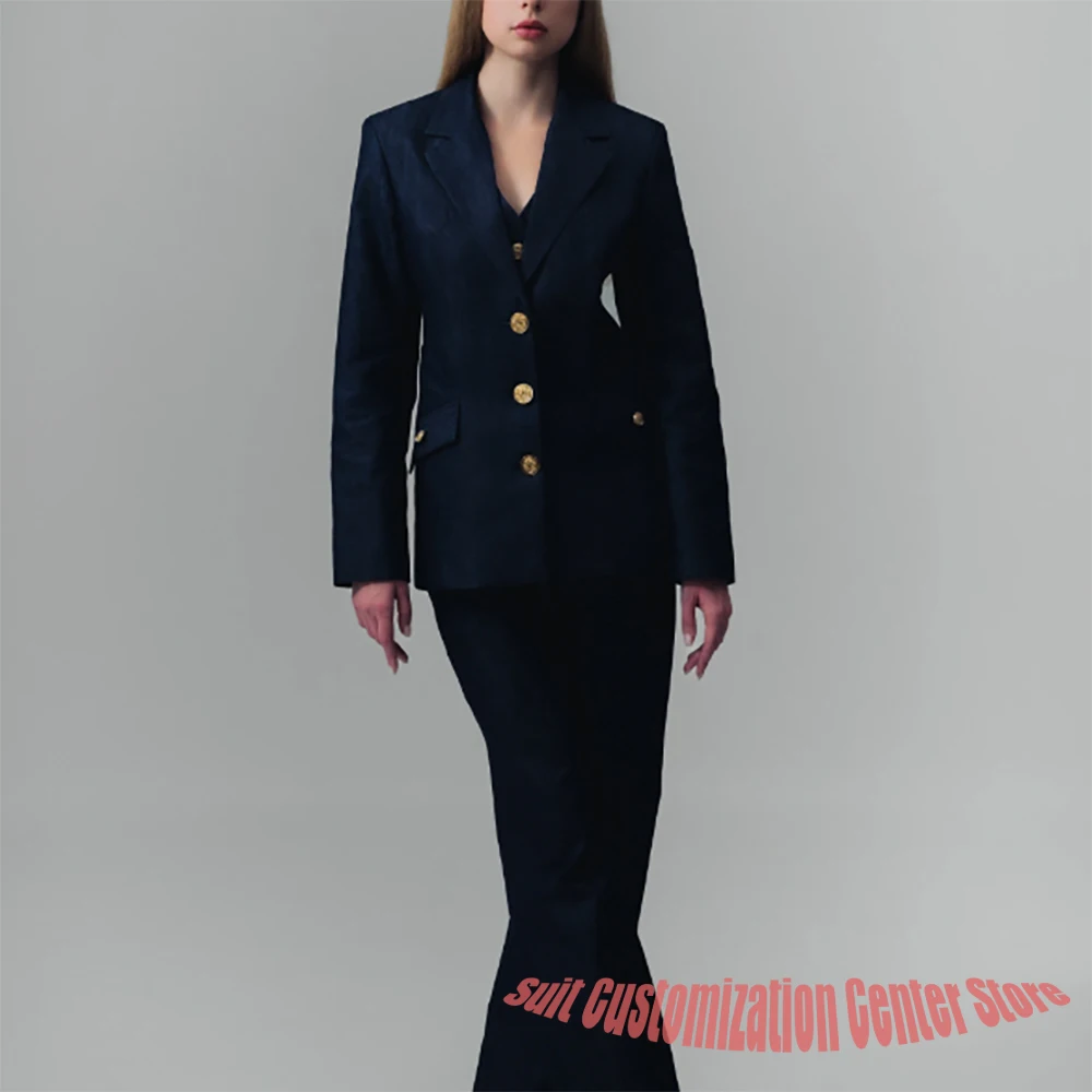 الأزرق الداكن الدنيم سترة نسائية السراويل مجموعات 3 قطعة دعوى واحدة الصدر الشق التلبيب السترة عادية اليومية الشارع الشهير مكتب سيدة مجموعة