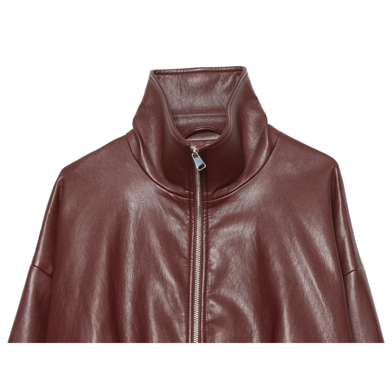 Women 2026 New Faux Leather Vintage Stand Collar Zip Up Jacket Drop Shoulder Loose Cropped Casual Outer Coat