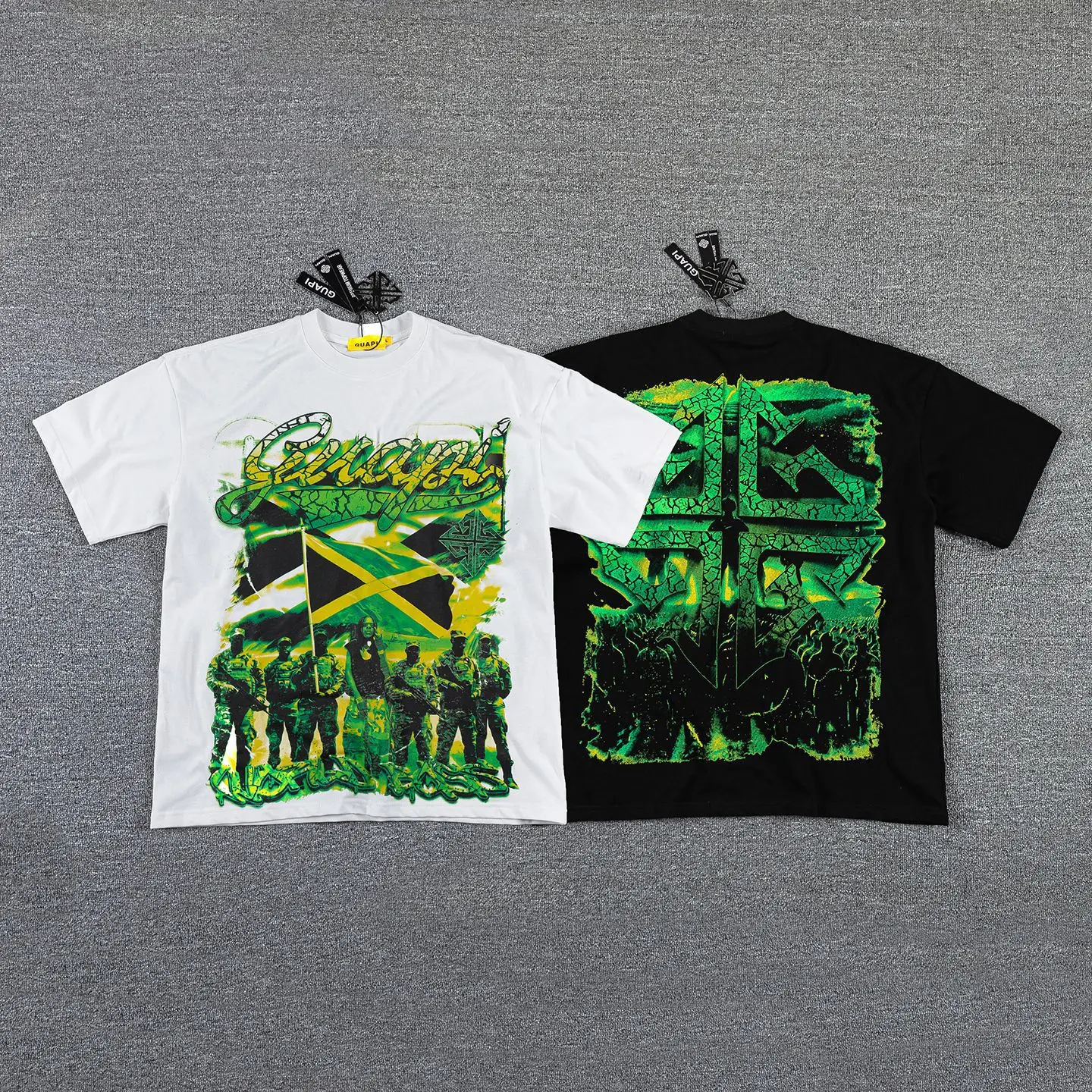 Guapi Retro Jamaican Portrait Short-Sleeve T-Shirt in Green Tone with Retro Double-Sided Heavy Washed Fabric