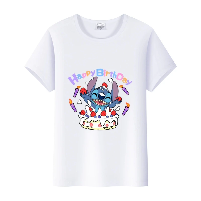 

Cute Disney Cartoon Blouse Lilo Stitch Happy Birthday Child Tops Summer Plus Size T-shirts White Shirt Hippie Tees Woman Clothes