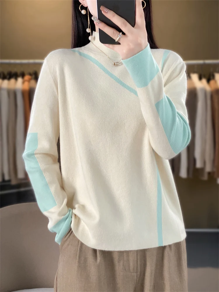 Women's boutique semi high neck sweater autumn and winter knitted cashmere sweater Women's color matching pullover long sleeved