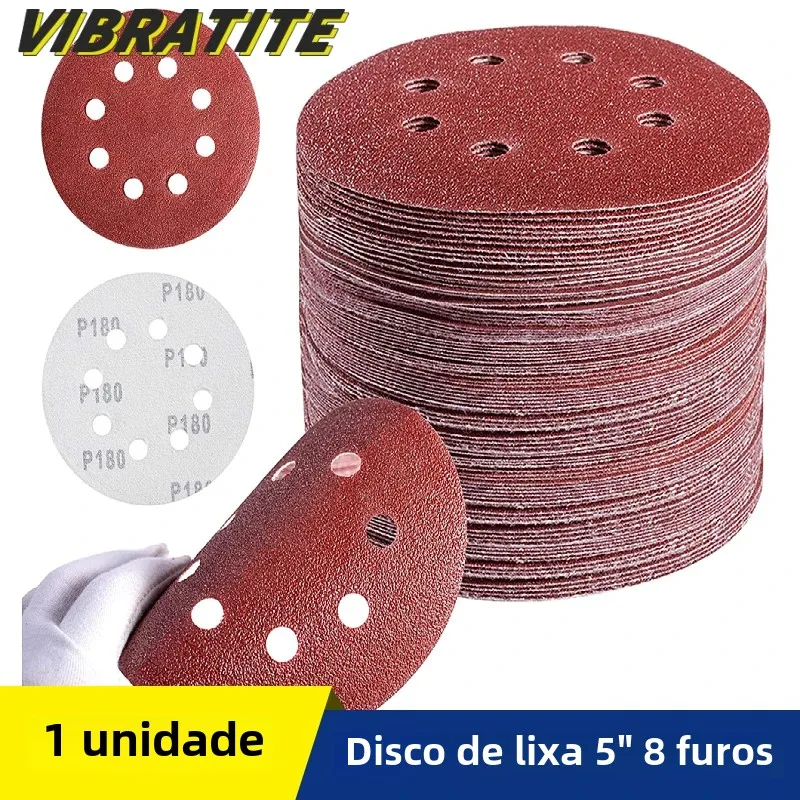 5 Polegada discos de lixamento de 8 furos 5/10/25/50 pces gancho e laço lixa adesiva para lixadeira orbital aleatória 40-2000 grãos polimento