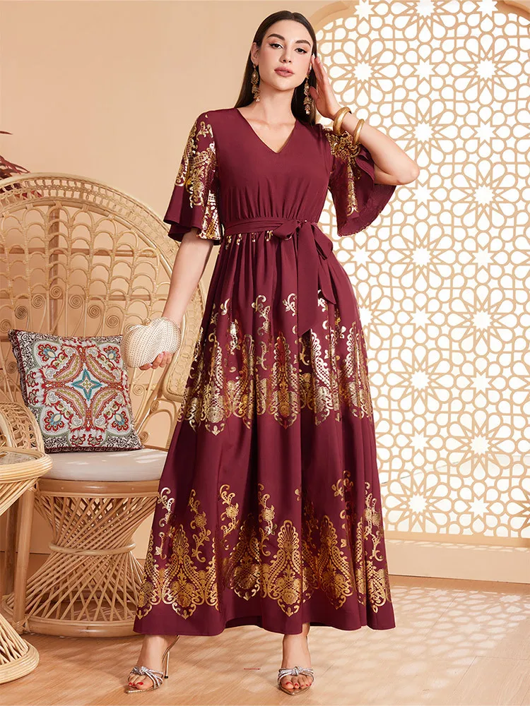 

Fashion Women Print Pleated Maxi Dress Eid Mubarak Evening Party Gown Marocain Kaftan Dubai Turkish Abaya Ramadan Islam Jalabiya